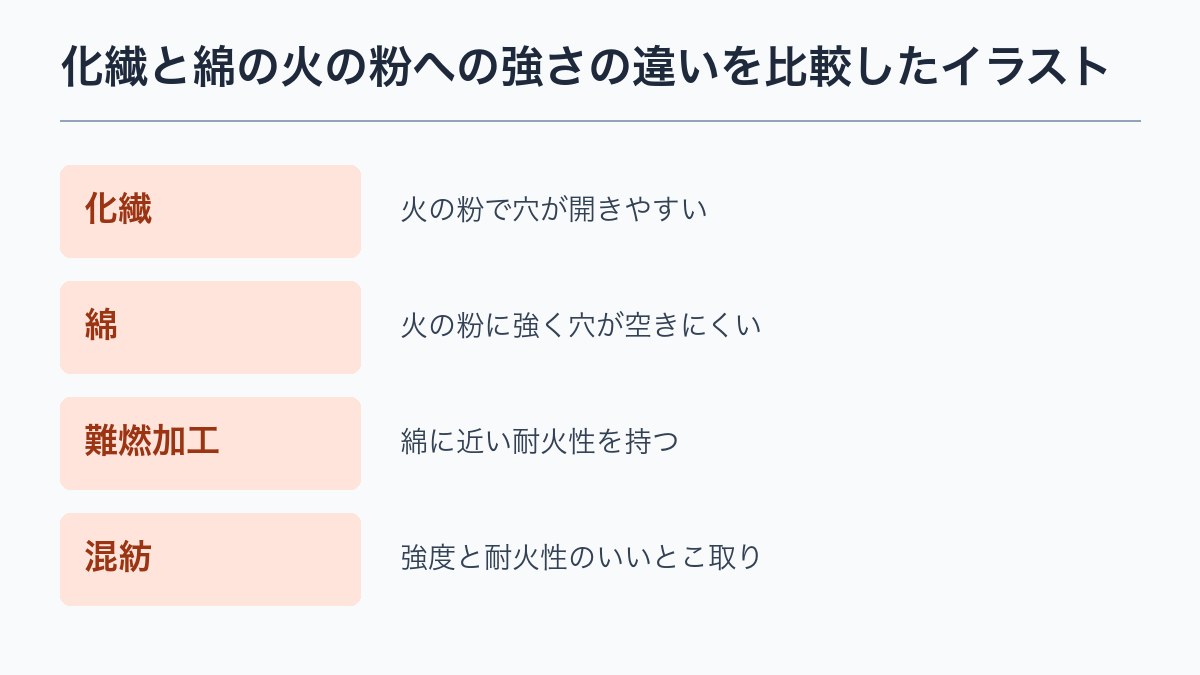 化繊と綿の火の粉への強さの違いを比較したイラスト