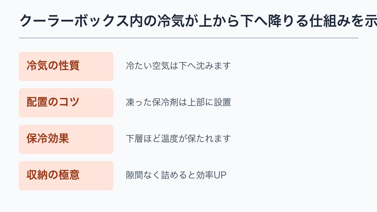 クーラーボックス内の冷気が上から下へ降りる仕組みを示す図解。青い矢印が上から下へ向かっているフラットデザイン