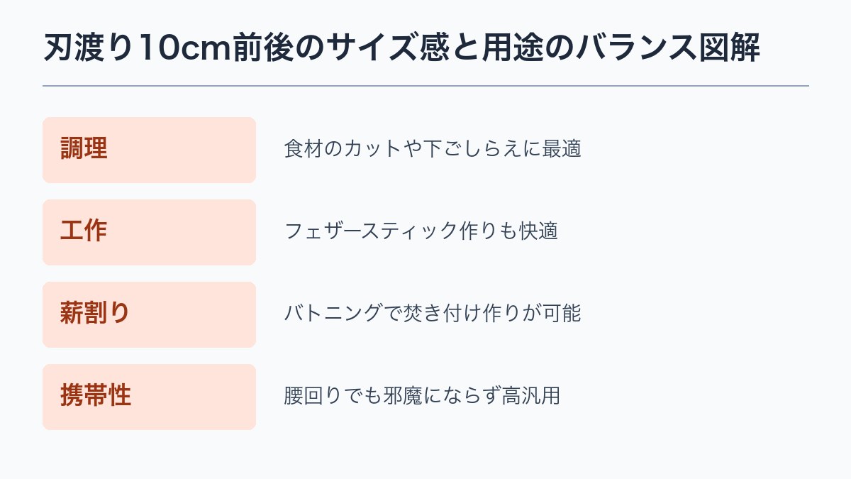 刃渡り10cm前後のサイズ感と用途のバランス図解