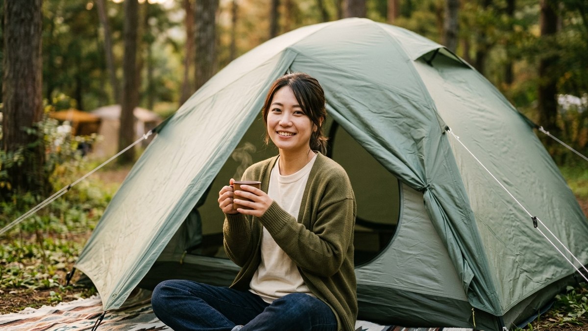 テントの前でくつろぐ女性