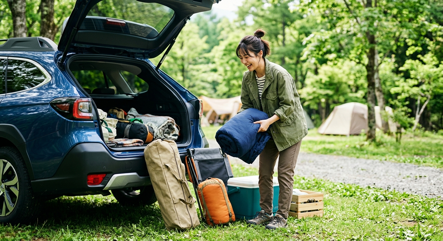 キャンプ道具一式を車に積み込む準備をしている様子