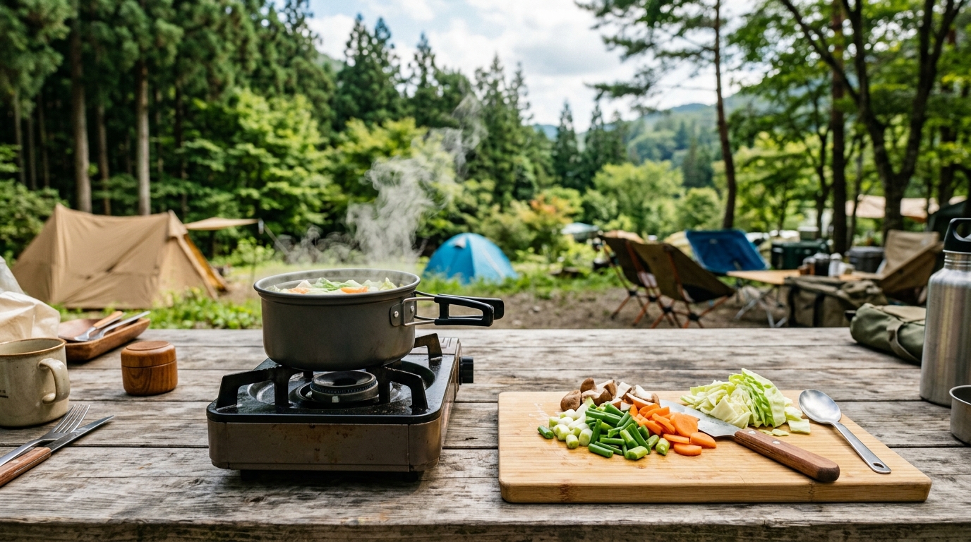 バーナーで鍋料理をつくるキャンプの調理風景