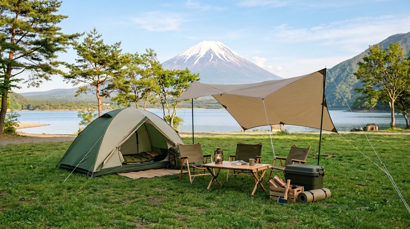 湖畔のキャンプサイトに設営したテントとタープ