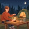 夜のキャンプサイトでLEDランタンを灯してくつろぐ女性キャンパー