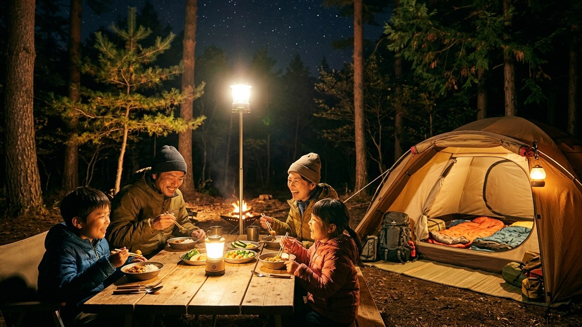 ランタンの温かい光に照らされた夜のキャンプサイトでくつろぐ人々