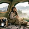朝のテントの中で寝袋にくるまる女性キャンパー