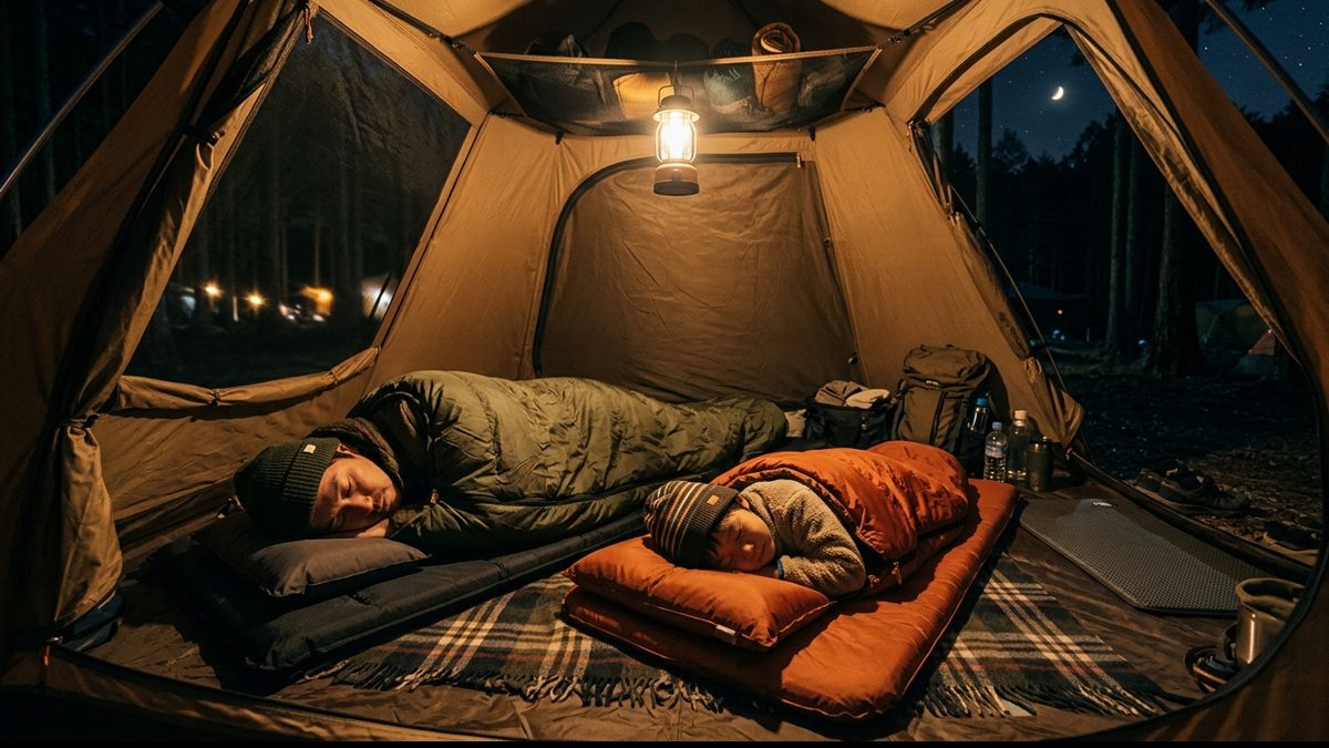 大人用と子供用の寝袋で眠る親子