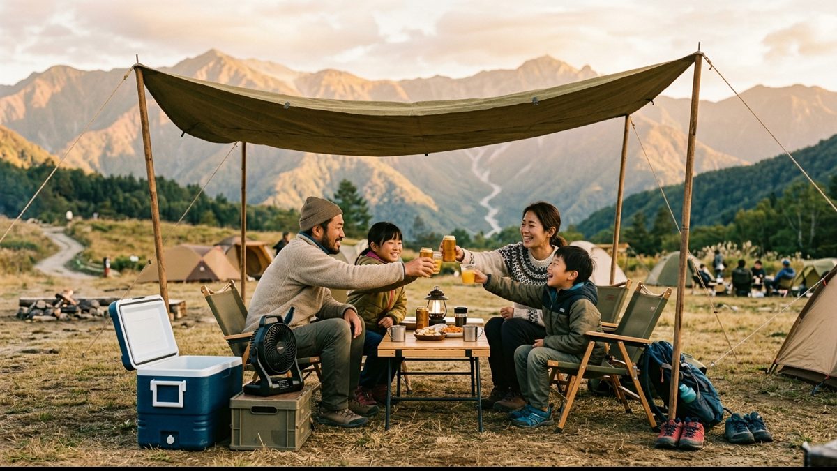 夕方の高原キャンプ場で乾杯する家族