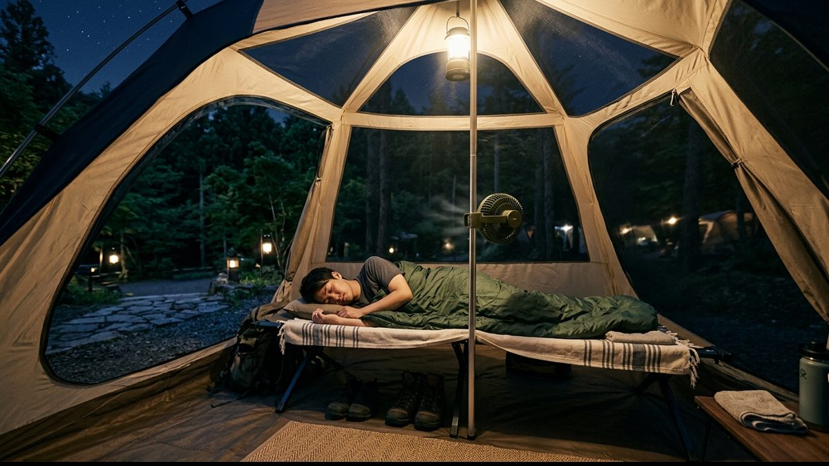 コットと扇風機で涼しく眠るテント内