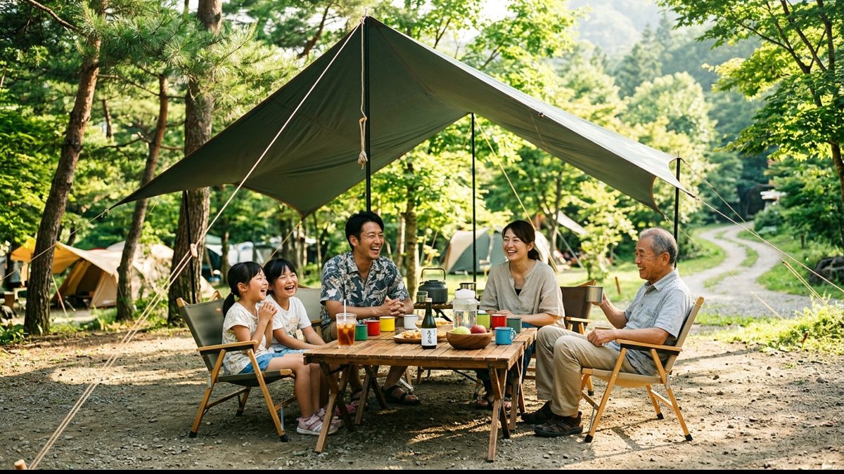 タープの下で午後を楽しむ家族