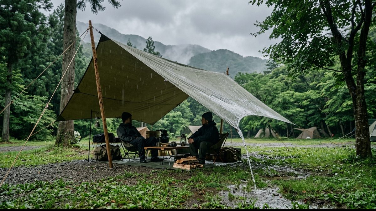 片側を低く張って雨水を流しているタープ