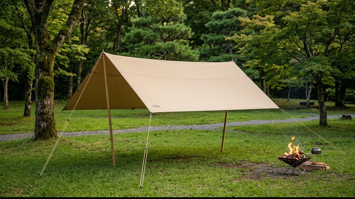 焚き火と距離を取って張られたタトンカ TARP 1 TC