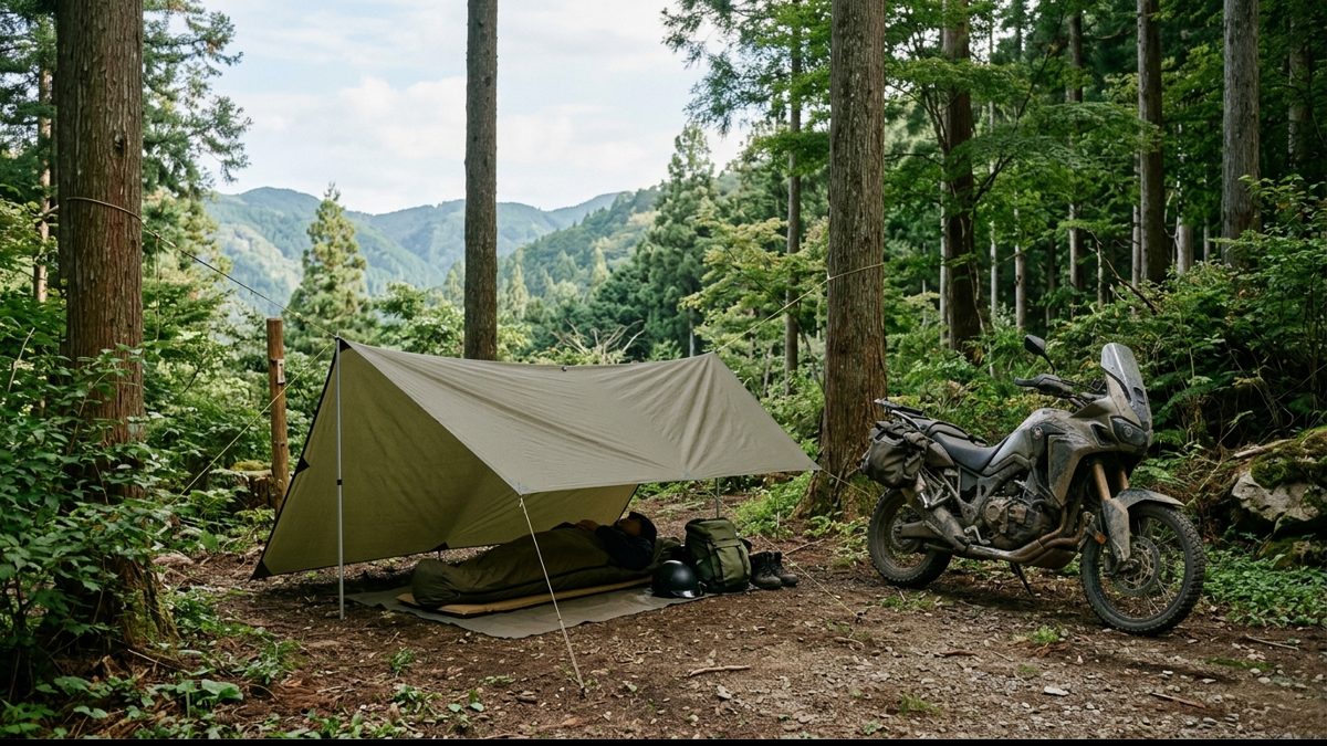 バイクの隣に低く張られたウィングタープ