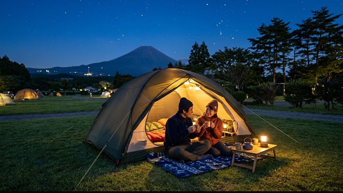 夜に灯りのともったドームテント