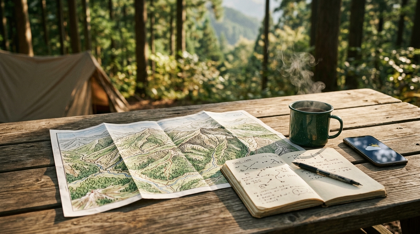 地図とノートでキャンプの計画を立てる様子