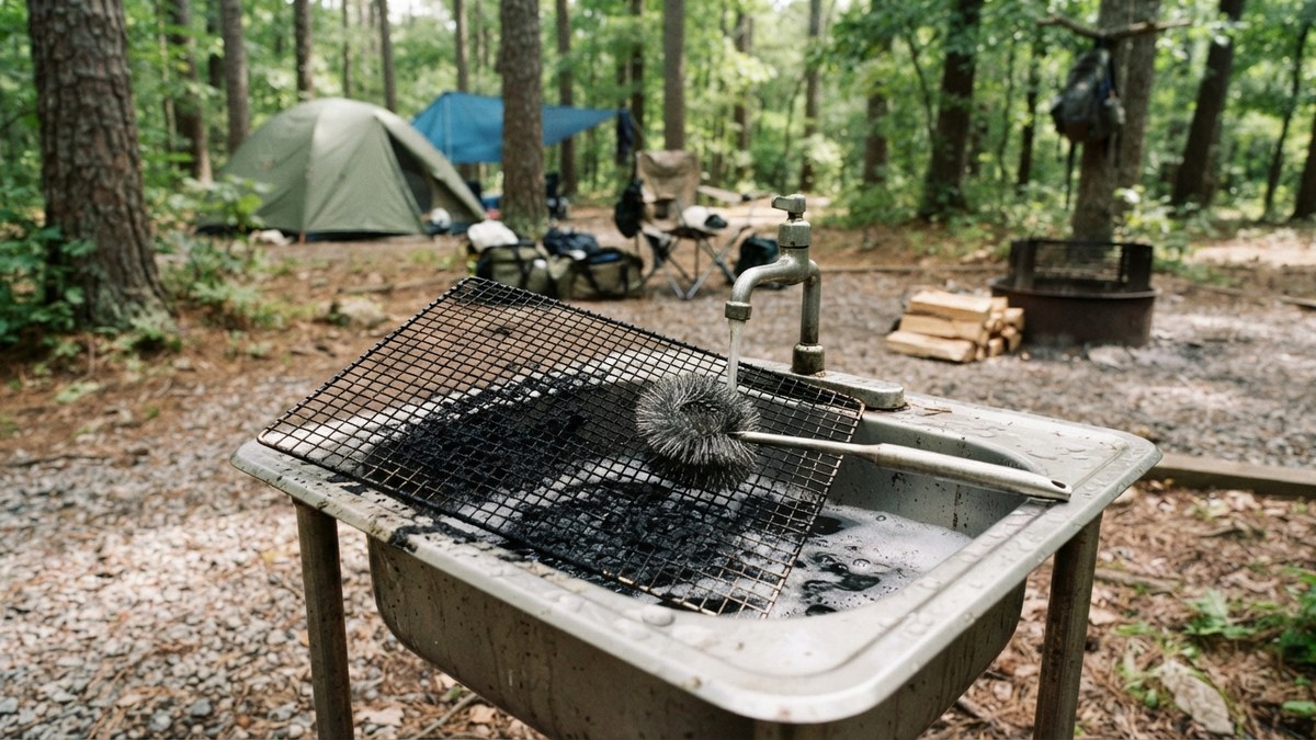 煤だらけの道具の片付けの場面 — 写っている焼き網の代表例: スノーピーク 焼き網Pro. L/キャプテンスタッグ 炭焼き一番 合わせ焼き網/LOGOS グリルアタッシュ焼き網