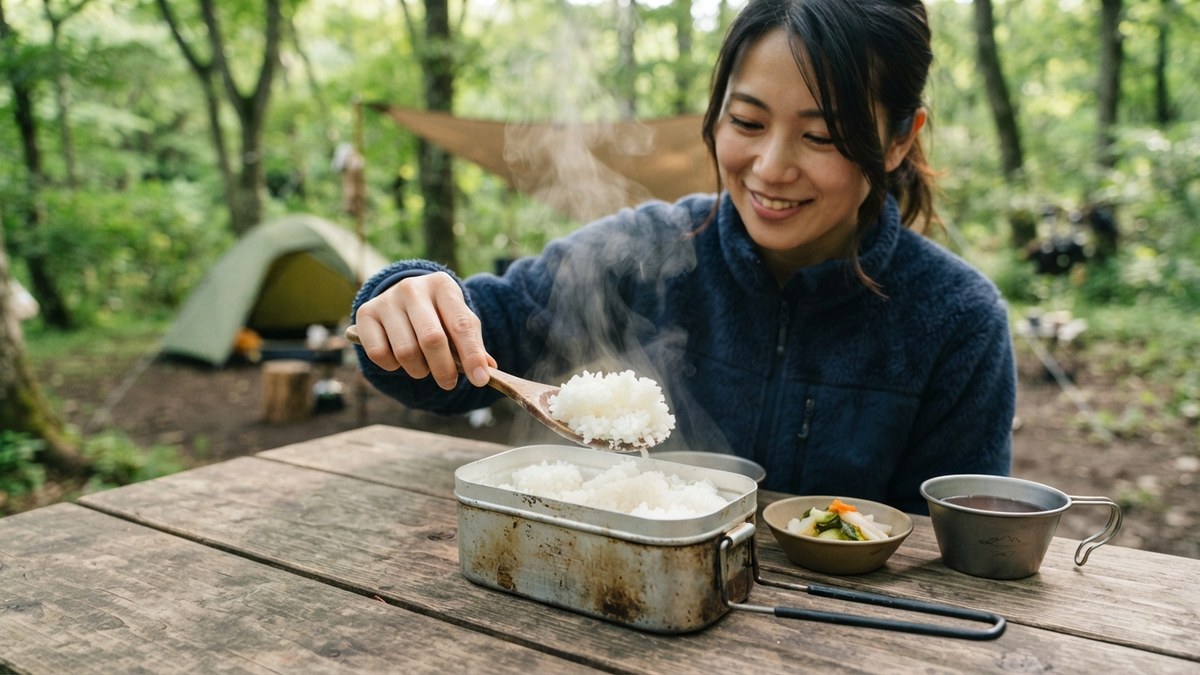 メスティン炊飯の基本(1合の炊き方)の場面 — 写っているメスティンの代表例: LOGOS メスキット／トランギア メスティン TR-210