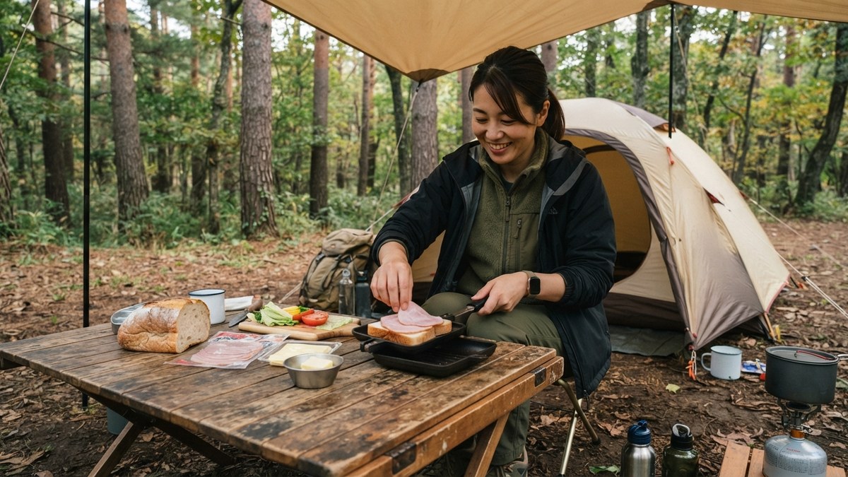 ホットサンドの基本の作り方の場面 — 写っているホットサンドメーカーの代表例: 燕三条 ホットサンドメーカー/IWANO イワノ ホットサンドメーカー 耳くっつかない フッ素樹脂加工 燕三条製/スノーピーク ホットサンドクッカー トラメジーノ
