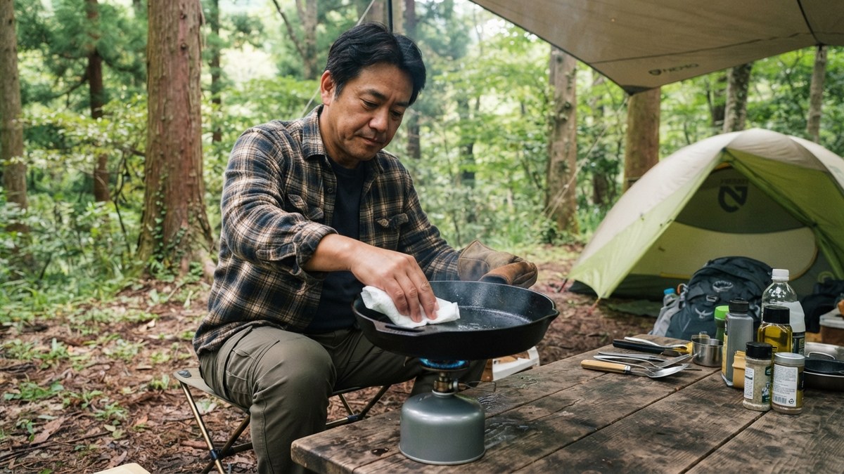 使う前のシーズニングの場面 — 写っているスキレットの代表例: ロッジ スキレット 8インチ／キャプテンスタッグ スキレット 13cm UG-3026／ユニフレーム スキレット 10インチ
