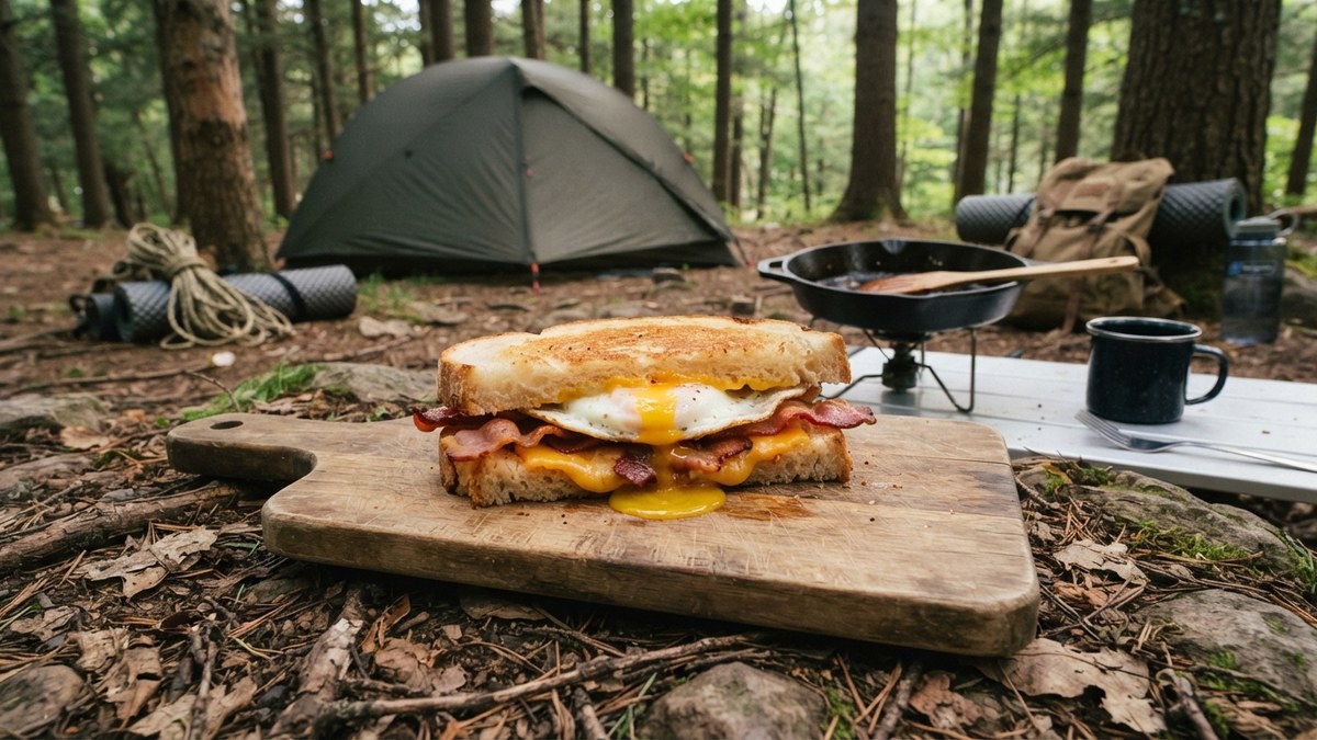 ベーコンと目玉焼きのボリュームサンドの場面