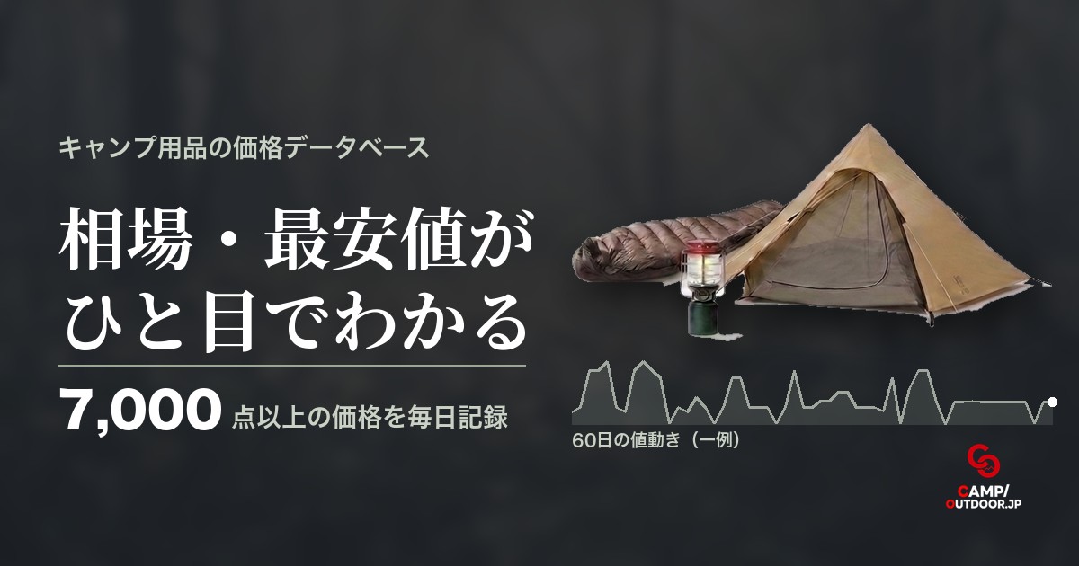 キャンプ用品の価格データベース。相場・最安値がひと目でわかる。楽天・Yahoo!・Amazonのキャンプ用品7,000点以上の値段を毎日記録